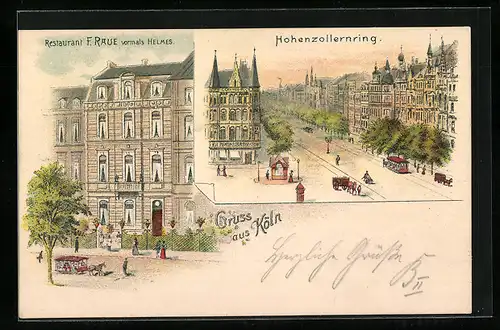 Lithographie Köln-Neustadt, Restaurant F. Raue vorm. Helmes, Pferdebahn auf dem Hohenzollernring, Pferdegespann