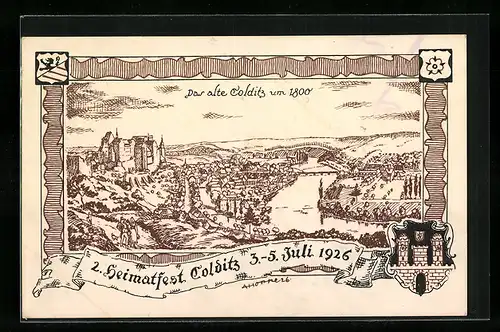 Künstler-AK Colditz, Das alte Colditz um 1800, 2. Heimatfest 3.-5. Juli 1926, Wappen