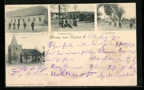 AK Rauen, Gasthof von H. Paul, Kirche und Dorfstrasse