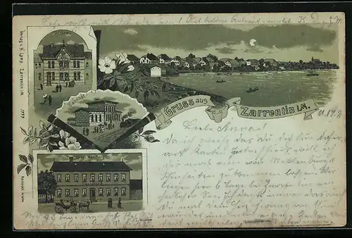 Mondschein-Lithographie Zarrentin i. M., Hotel Stadt Hamburg, Bahnhof und Postamt