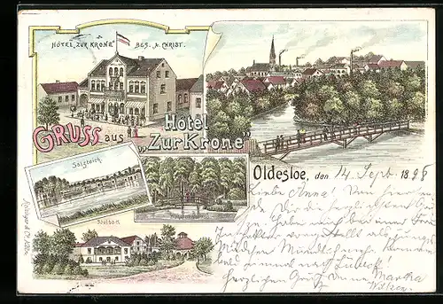Lithographie Oldesloe, Hotel Zur Krone von A. Christ, Bürgermeisterinsel und Salzteich