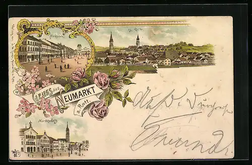 Lithographie Neumarkt a. Rott, St. Veit, Marktplatz