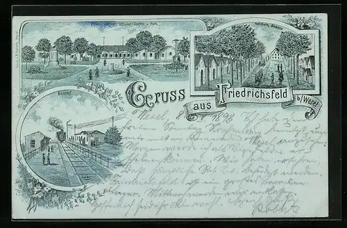 Lithographie Friedrichsfeld b. Wesel, Wilhelm-Strasse, Bahnhof