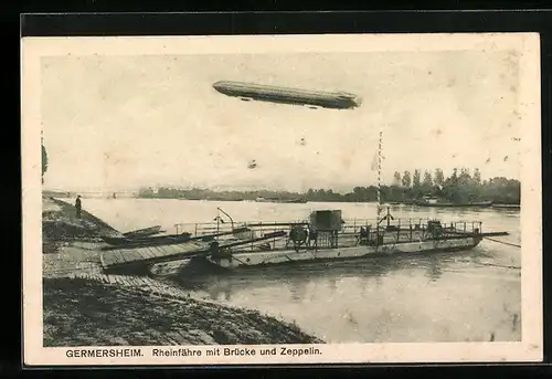 AK Germersheim, Zepplin über der Rheinfähre