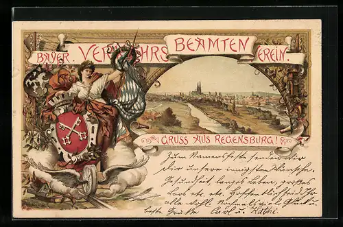 Lithographie Regensburg, XIV., Generalversammlung 1901, Teilansicht mit Kirche, Frau mit Wappen und Fahne