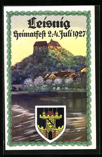 Künstler-AK Leisnig, Heimatfest 1927 mit Wappen