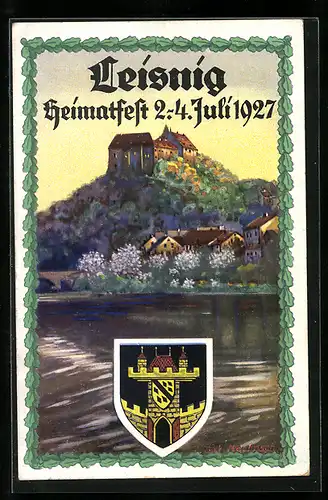 Künstler-AK Leisnig, Heimatfest 1927 mit Wappen