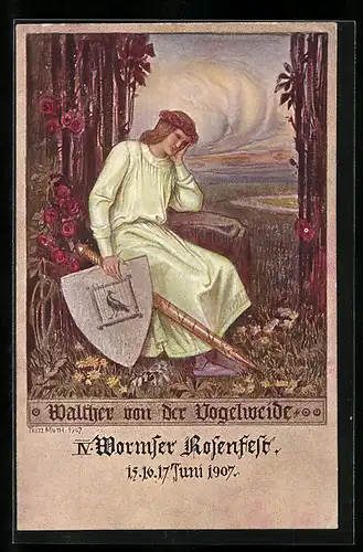 AK Worms, IV. Wormser Rosenfelt 15., 16. & 17. Juni 1907, Walther von der Vogelweide