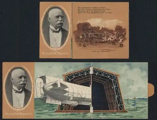 Mechanische-AK Portrait Dr. Ing. Graf Ferdinand von Zeppelin, Luftschiff und Hangar