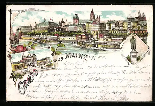 Lithographie Mainz, Central-Bahnhof, Gutenberg-Denkmal, Panorama