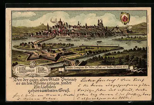 Lithographie Breisach, Ansicht der Stadt am Rhein um 1650