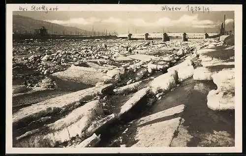 AK Untertürkheim, Packeis im März 1929 auf dem Neckar