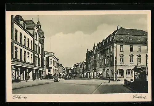 AK Schleswig, Blick in die Strasse Stadtweg mit Kreissparkasse