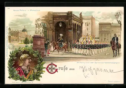 Lithographie Potsdam, Kaiser Wilhelm II. an der Spitze der Fahnenkompagnie am Halleschen Thor