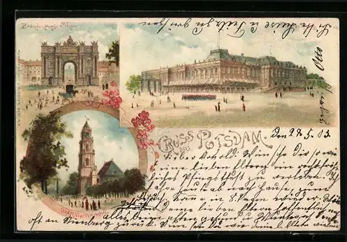 Lithographie Potsdam, Brandenburger Tor und Garnisonkirche