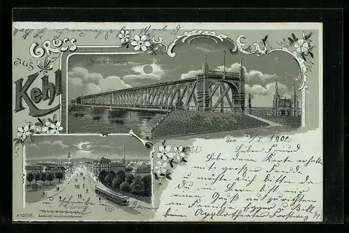 Mondschein-Lithographie Kehl, Neue Rheinbrücke, Totalansicht