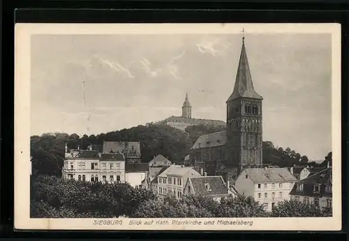 AK Siegburg, Blick auf Kath. Pfarrkirche und der Abtei Michaelsberg im Hintergrund