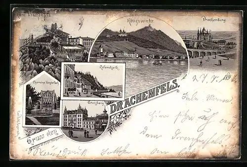 Lithographie Königswinter, Ruine Drachenfels, Drachenburg und Petersberg