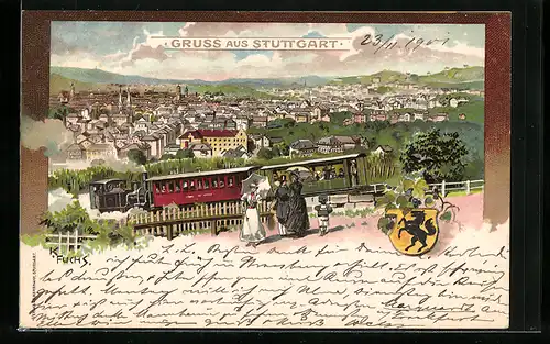 Lithographie Stuttgart, Ortsansicht aus der Vogelschau, Eisenbahn, Wappen