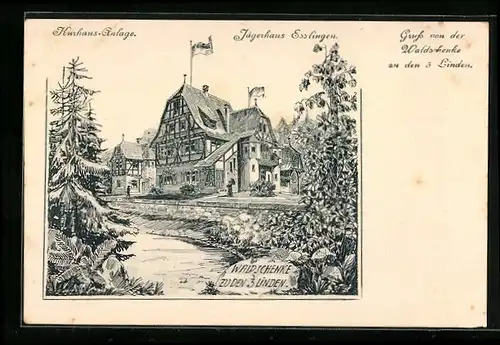 Künstler-AK Esslingen, Waldschenke zu den 3 Linden, Kurhaus-Anlage, Jägerhaus