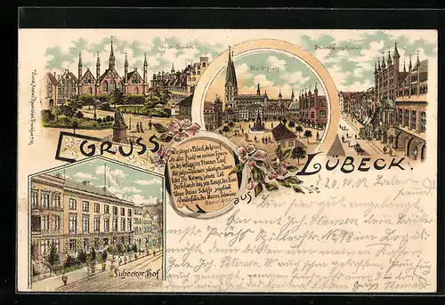 Lithographie Lübeck, Hotel Lübecker Hof, Marktplatz, Geibel-Denkmal