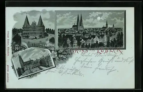 Mondschein-Lithographie Lübeck, Holstenthor, Marktplatz, Panorama