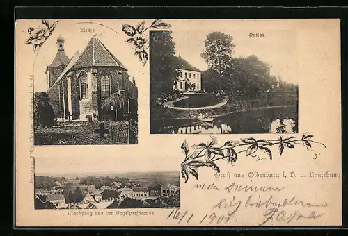 AK Oldenburg i. H., Marktplatz aus der Vogelschau, Kirche