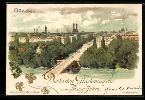 Lithographie München, Ortsansicht m. Maximiliansbrücke