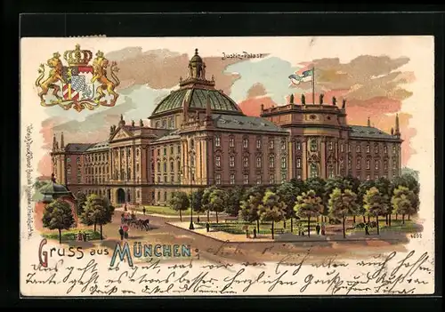 Lithographie München, Justiz-Palast, Wappen