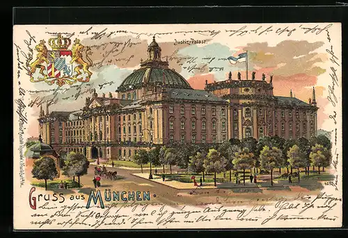 Lithographie München, Justiz-Palast, Wappen