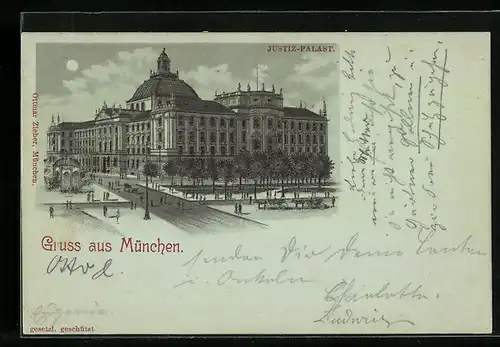 Mondschein-Lithographie München, Blick auf den Justiz-Palast