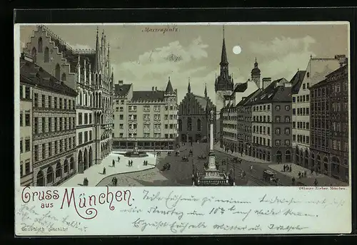 Lithographie München, Marienplatz mit Kirche