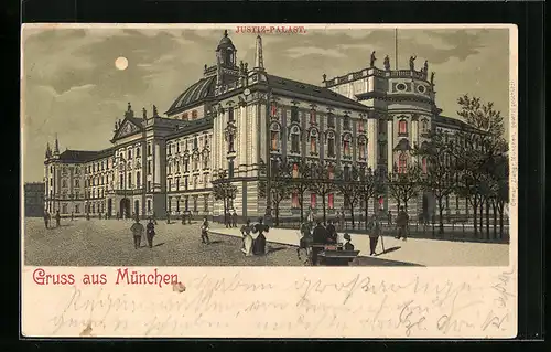 Mondschein-Lithographie München, Passanten vor dem Justiz-Palast