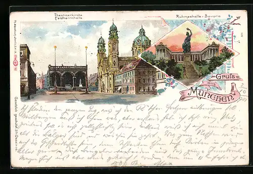 Lithographie München, Theatinerkirche, Feldherrenhalle, Ruhmeshalle-Bavaria