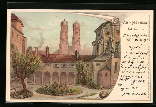 Lithographie München, Hof bei der Michaelskirche in der Neuhauser Strasse