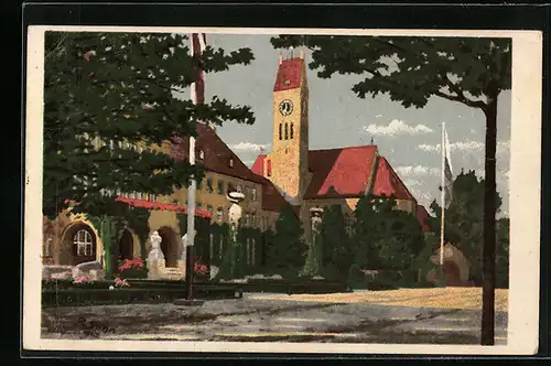 Künstler-AK München-Schwabing, Krankenhaus und Kirche