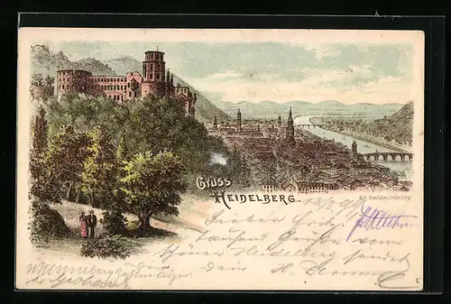 Lithographie Heidelberg, Gesamtansicht mit Schloss