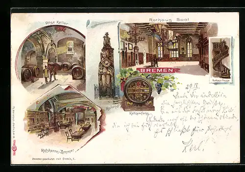 Lithographie Bremen, Rathaussaal, Ratsherren-Zimmer, Rose Keller