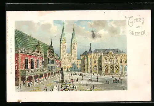 Lithographie Bremen, Marktplatz mit Dom