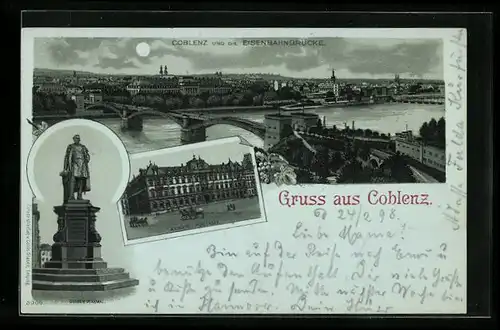Mondschein-Lithographie Coblenz, Goeben-Denkmal, Kaiserl. Postamt, Totale mit Eisenbahnbrücke