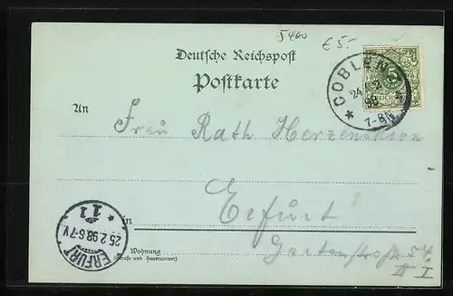 Mondschein-Lithographie Coblenz, Goeben-Denkmal, Kaiserl. Postamt, Totale mit Eisenbahnbrücke