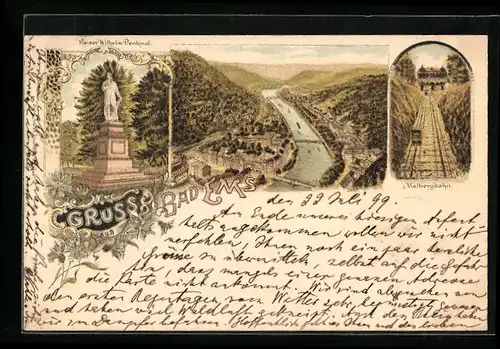 Lithographie Bad Ems, Kaiser Wilhelm-Denkmal, Malbergbahn, Gesamtansicht