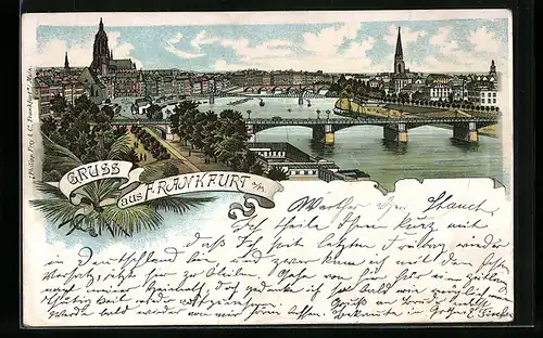 Lithographie Alt-Frankfurt, Mainansicht mit Dom und Brücken