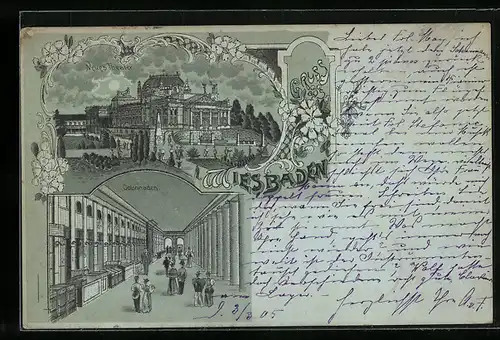 Mondschein-Lithographie Wiesbaden, Colonnaden, Neues Theater