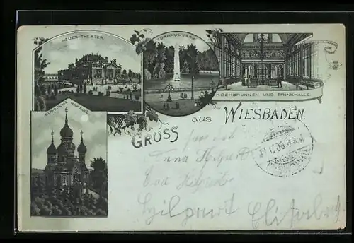 Mondschein-Lithographie Wiesbaden, Neues Theater, Russische Kapelle, Kochbrunnen und Trinkhalle