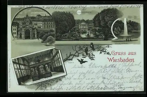 Mondschein-Lithographie Wiesbaden, Kochbrunne, Quelle, Grosse Fontaine, Kursaalplatz