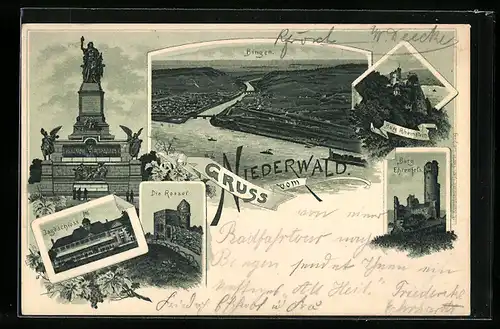 Lithographie Bingen, Panorama und Denkmal auf dem Niederwald, Burg Ehrenfels und Rheinstein