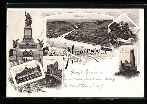 Lithographie Bingen, Panorama und Denkmal auf dem Niederwald, Burg Ehrenfels und Rheinstein