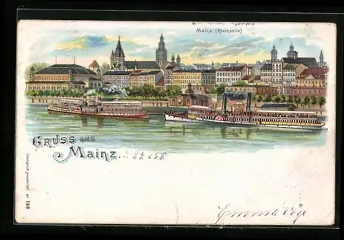 Lithographie Mainz, Gesamtansicht der Rheinseite