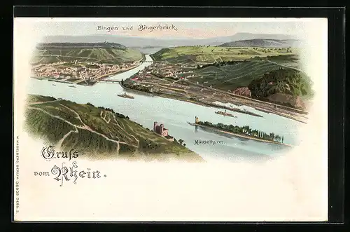 Lithographie Bingen, Teilansicht mit Bingerbrück und Mäuseturm